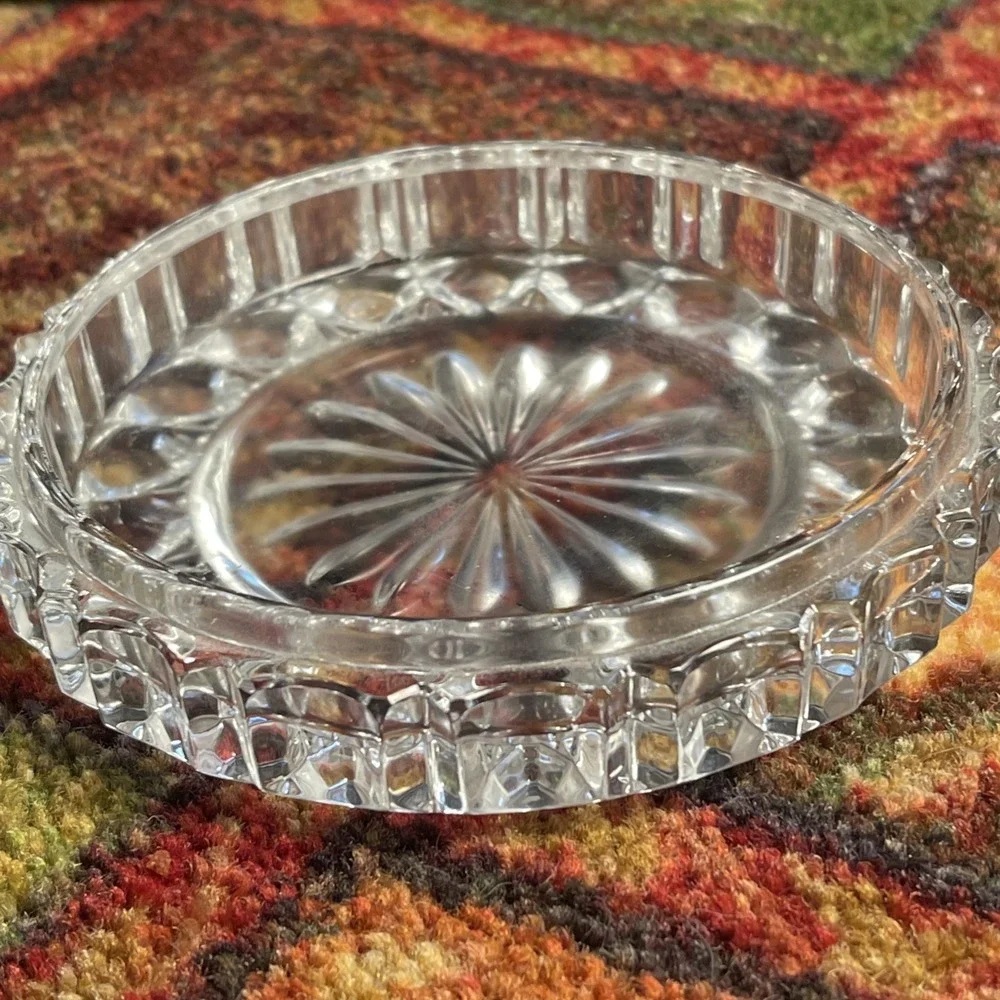 2 Clear Heavy Cut Glass Heart Shaped Trinket Vanity Box and Dish